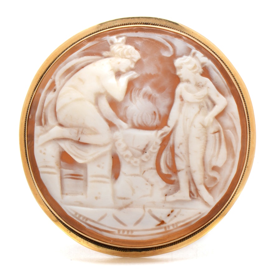 14K Yellow Gold Carved Round Shell Cameo Converter Brooch