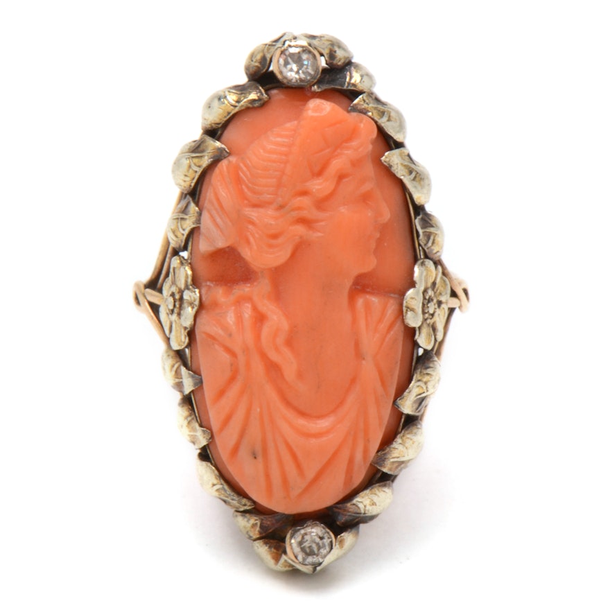 Art Nouveau 14K Yellow Gold Carved Coral Cameo Diamond Ring