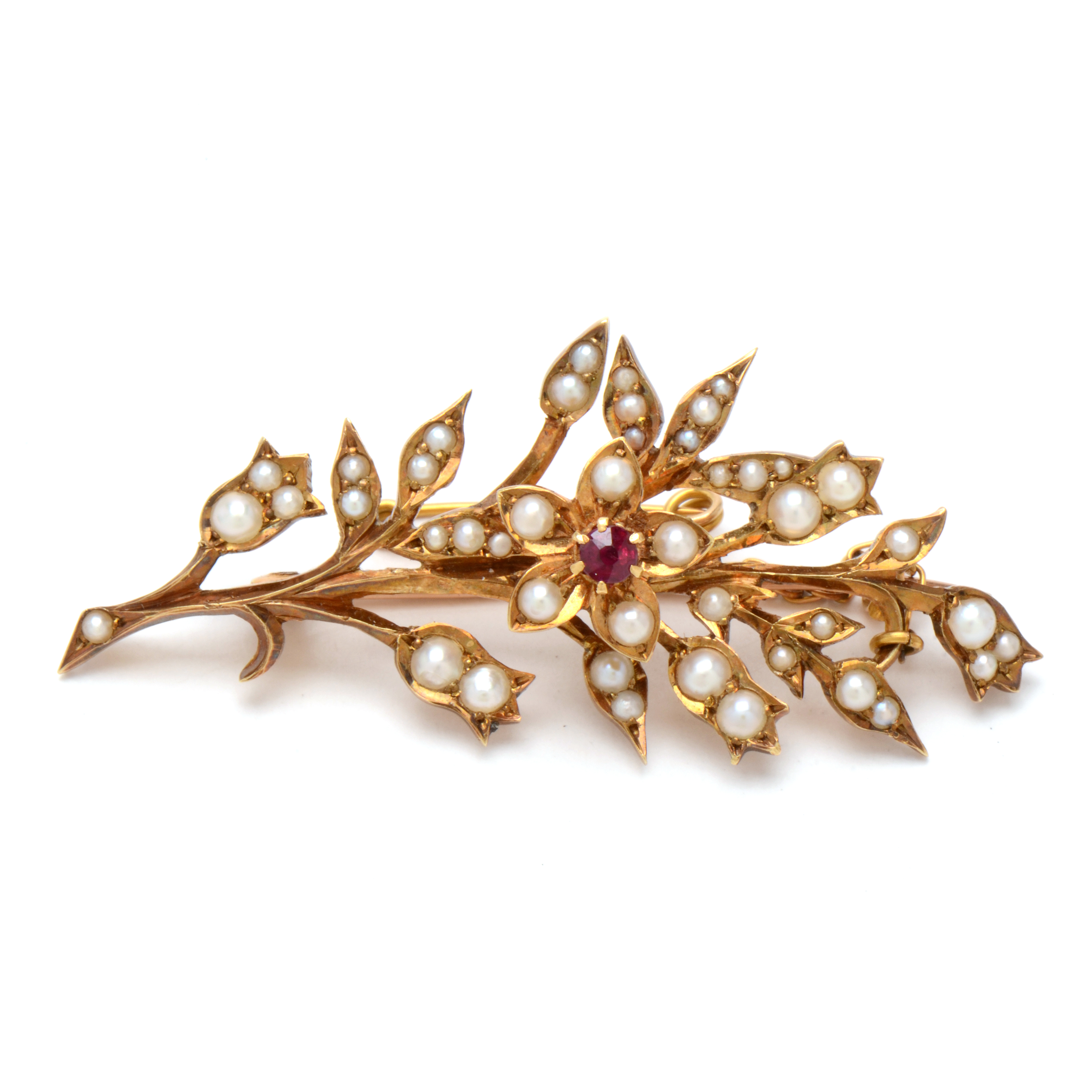 Victorian 10K and 14K Yellow Gold Ruby and Pearl Brooch