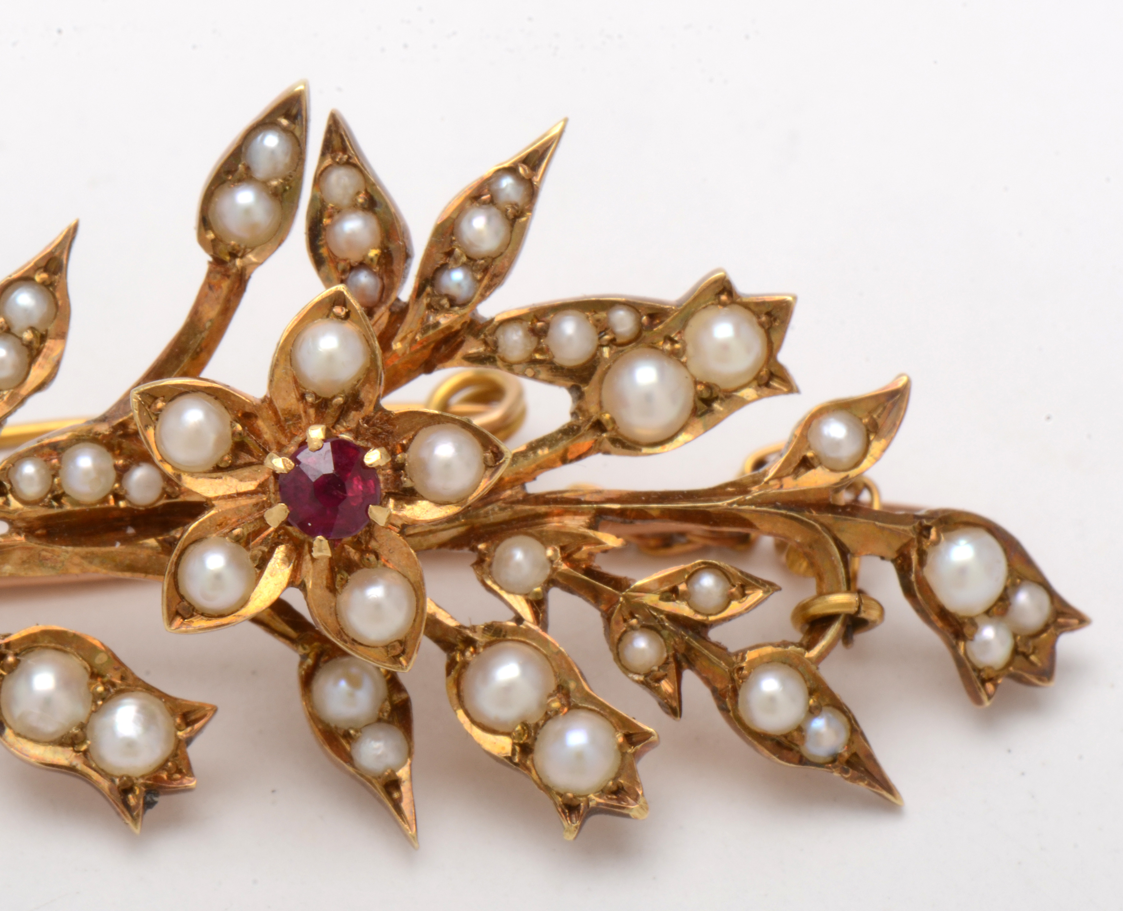 Victorian 10K and 14K Yellow Gold Ruby and Pearl Brooch