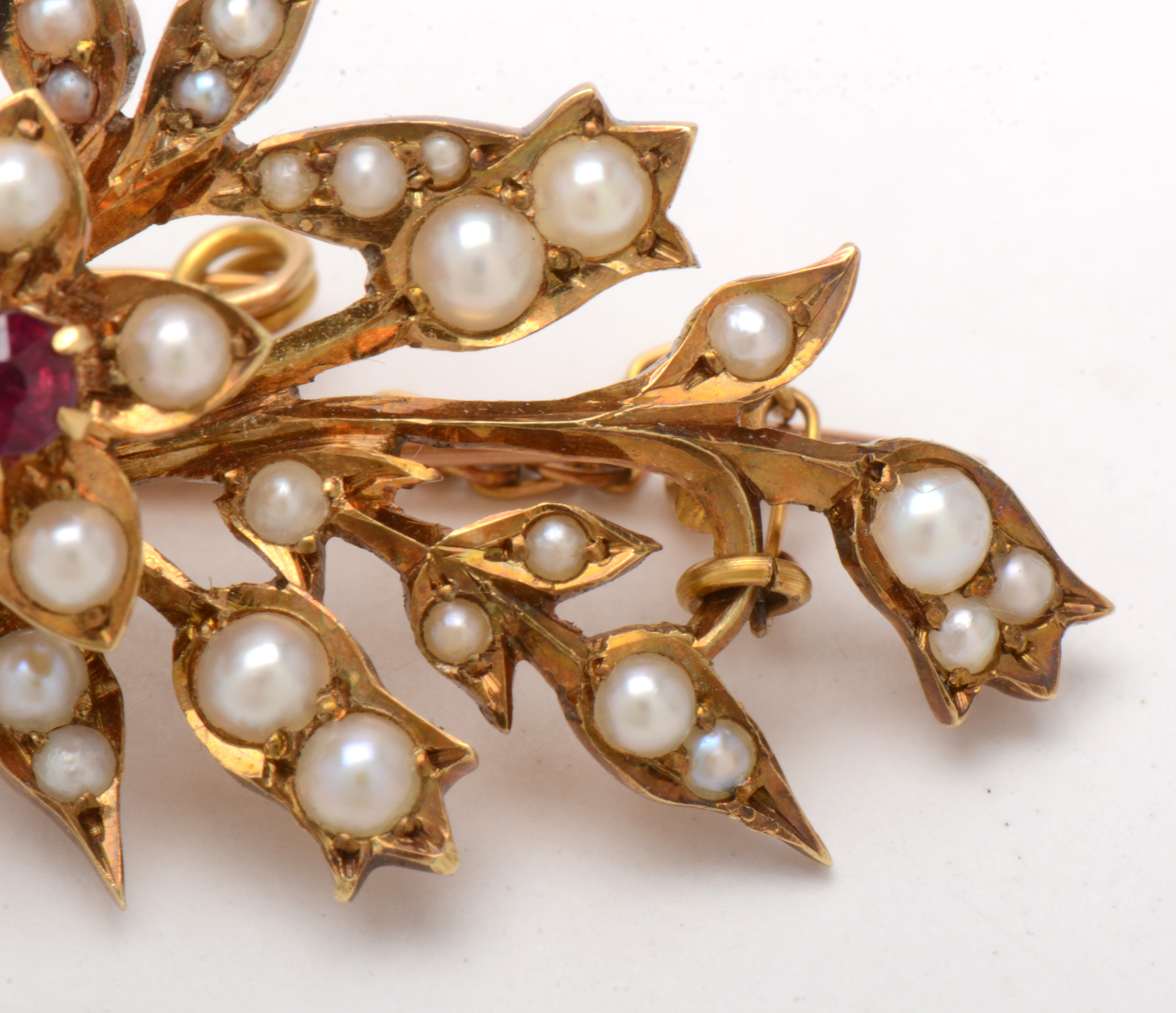 Victorian 10K and 14K Yellow Gold Ruby and Pearl Brooch
