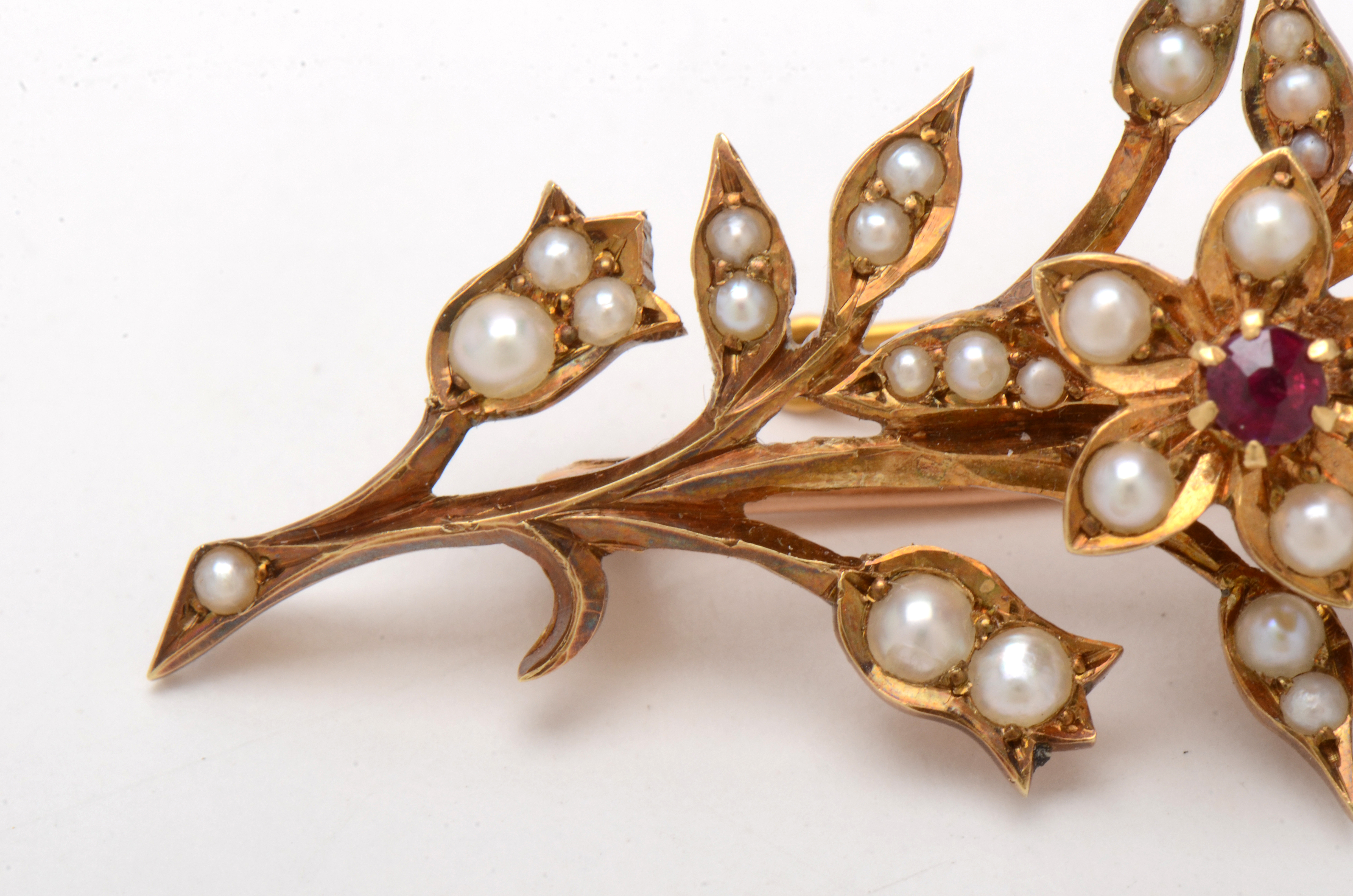 Victorian 10K and 14K Yellow Gold Ruby and Pearl Brooch