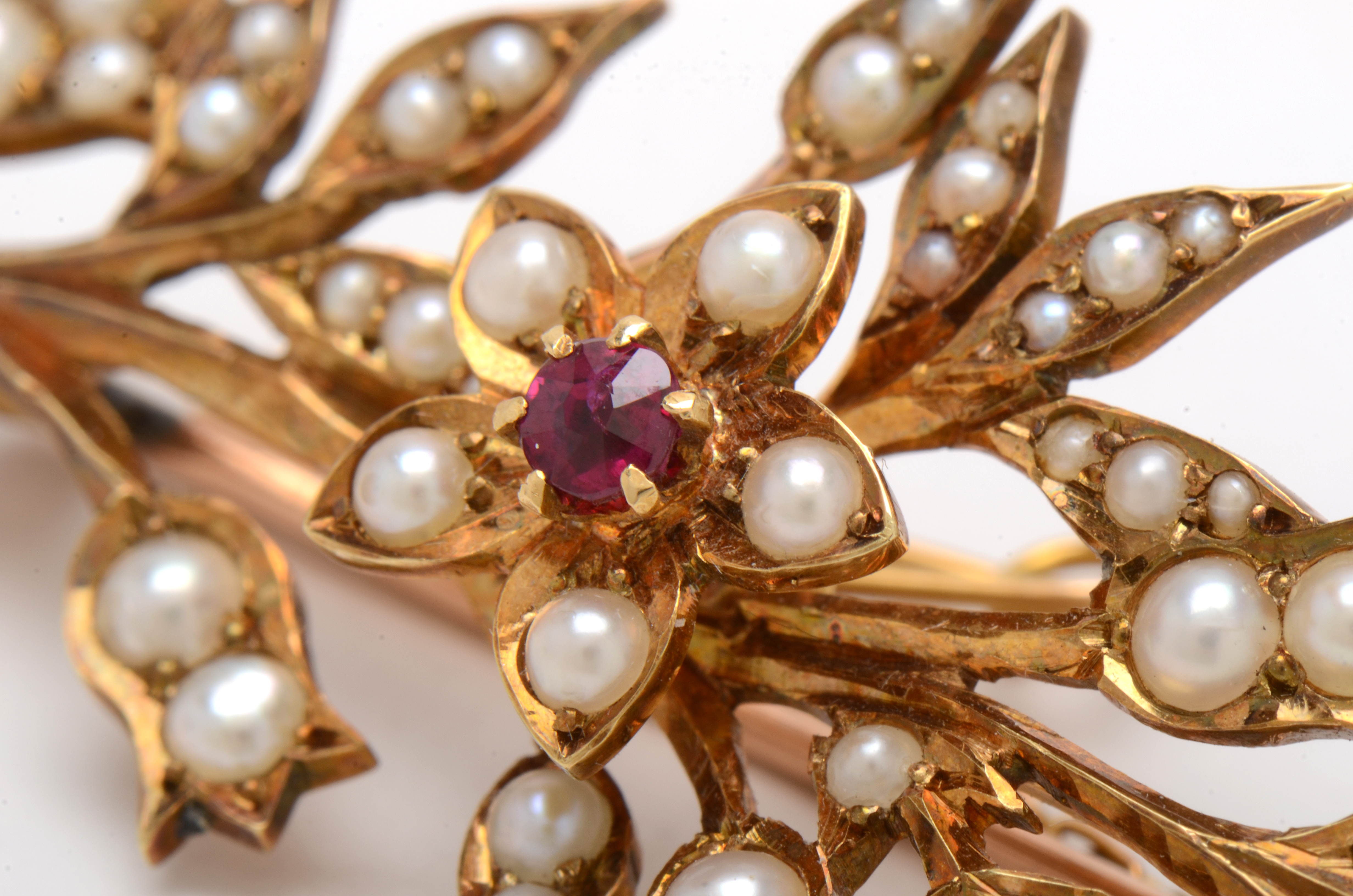 Victorian 10K and 14K Yellow Gold Ruby and Pearl Brooch