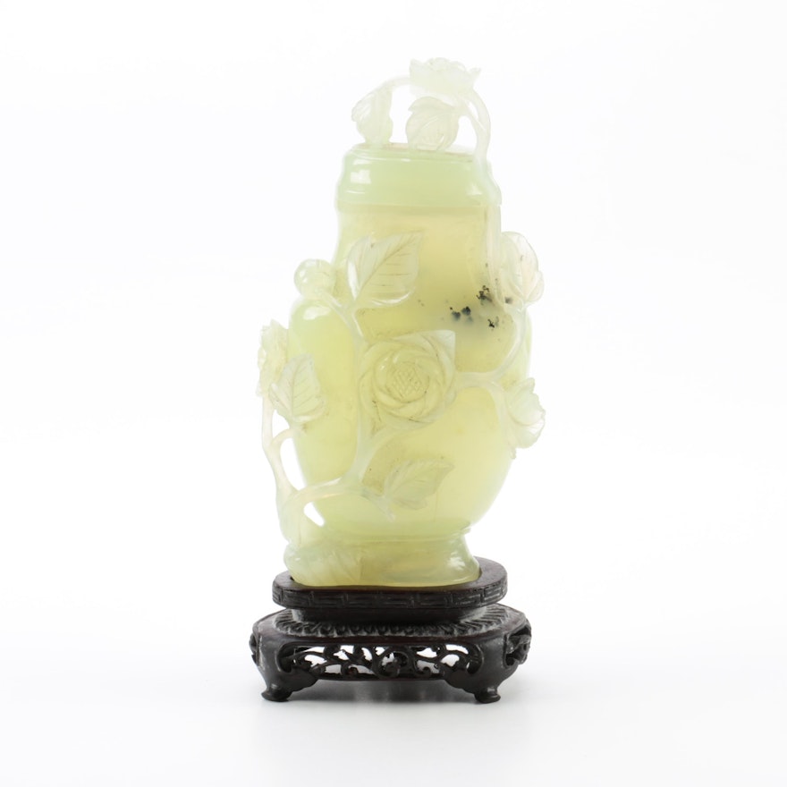 Chinese Carved Bowenite Jar and Stand