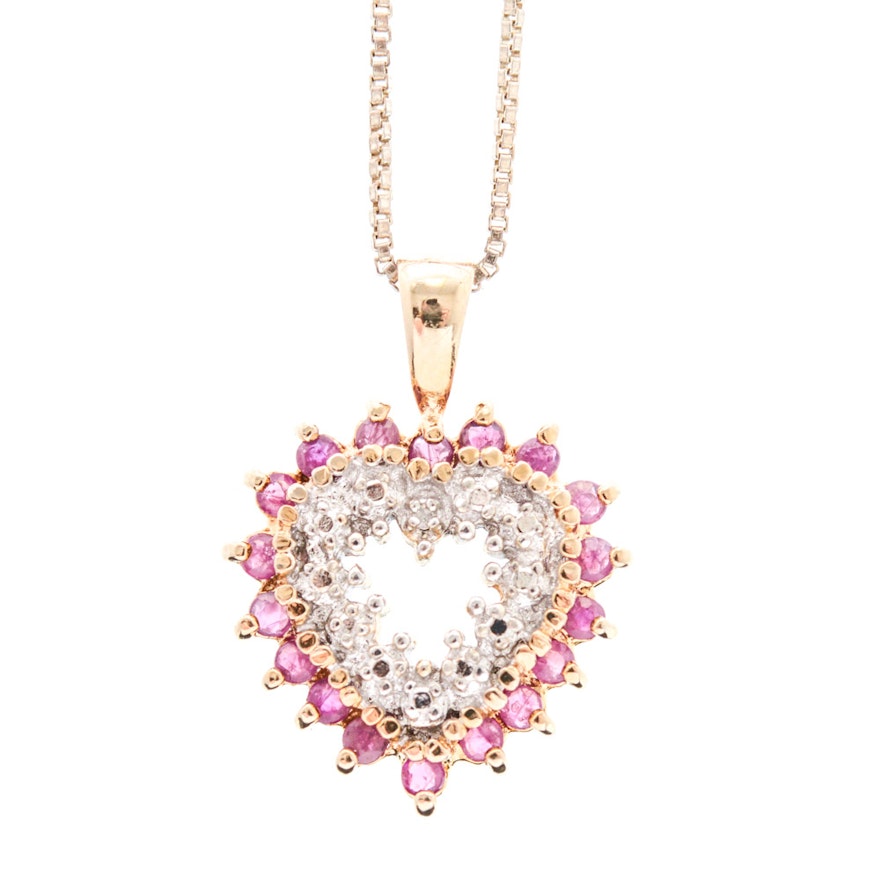 Gold Wash on Sterling Silver Diamond and Ruby Heart Pendant Necklace