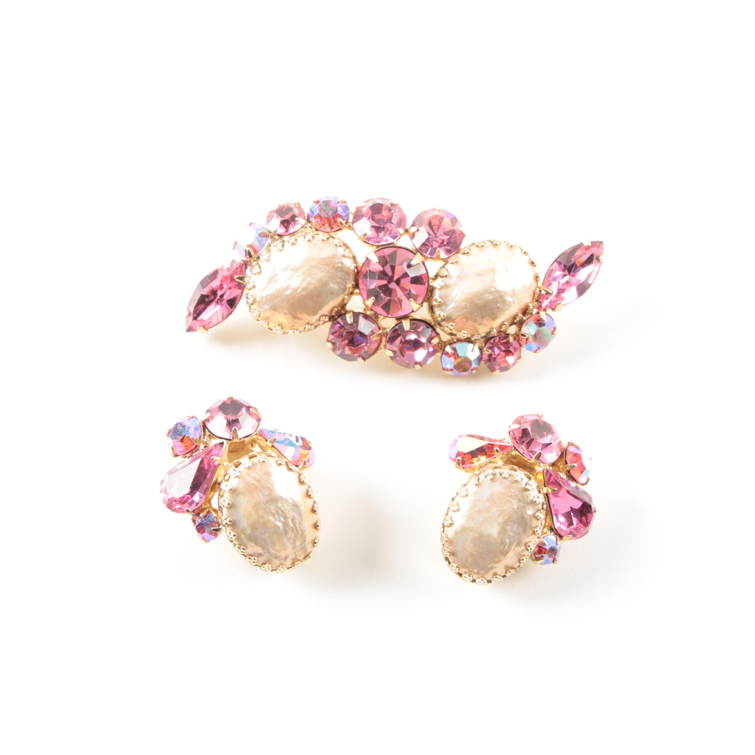 Regency Gold Tone Imitation Pearl and Pink Stone Demi Parure