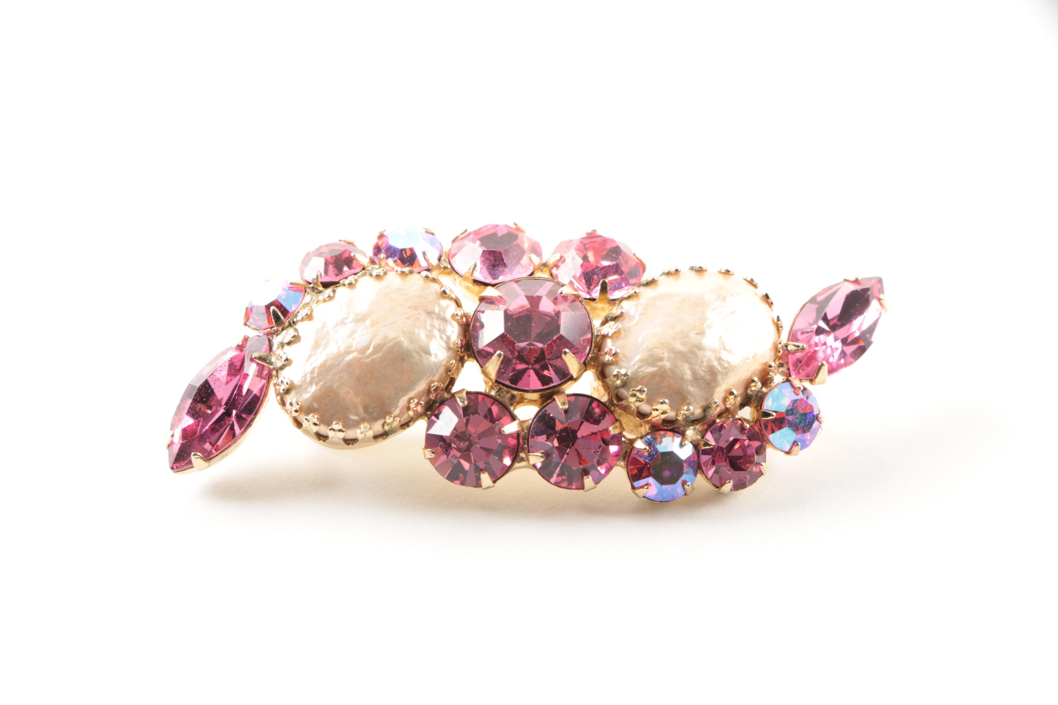 Regency Gold Tone Imitation Pearl and Pink Stone Demi Parure