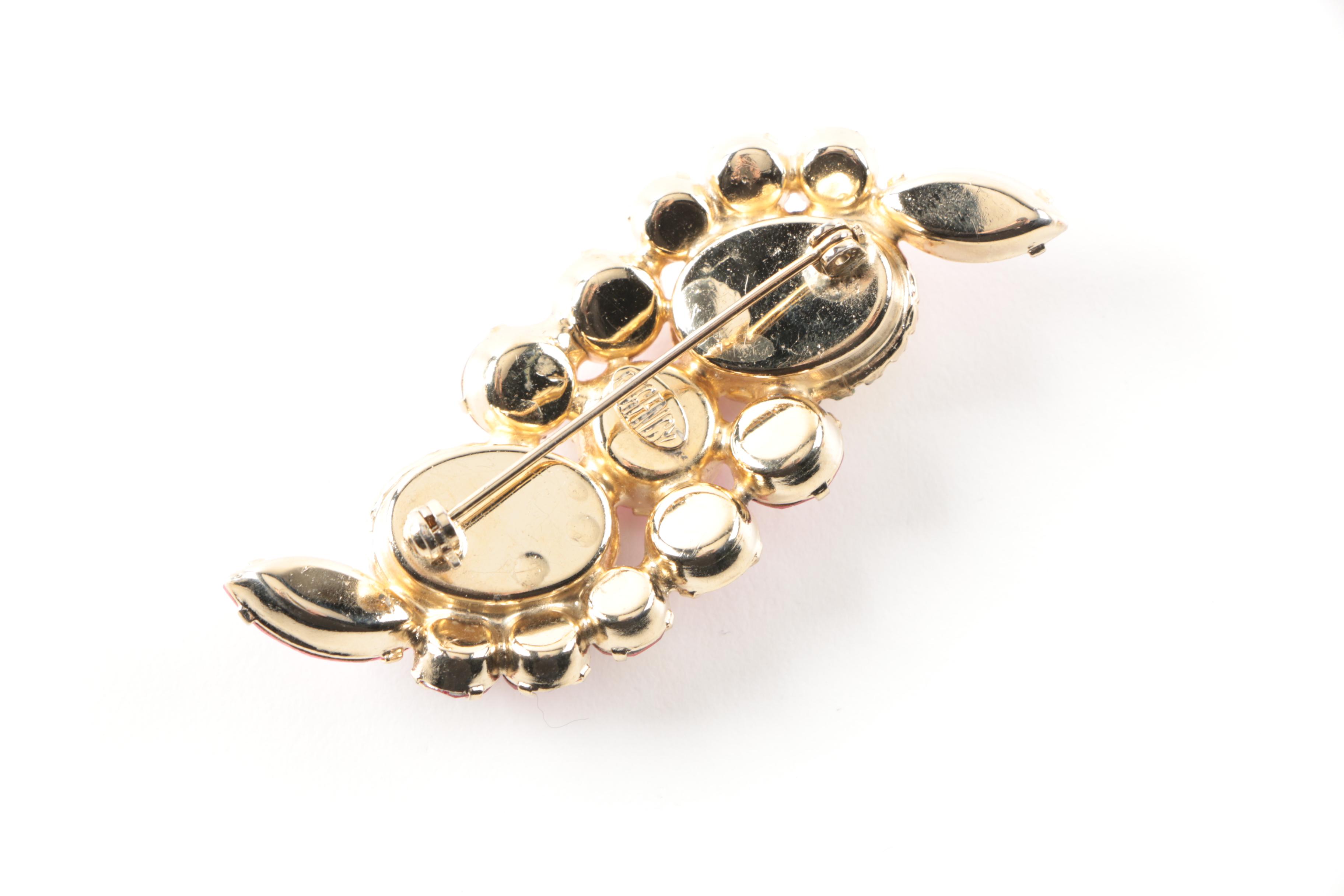 Regency Gold Tone Imitation Pearl and Pink Stone Demi Parure