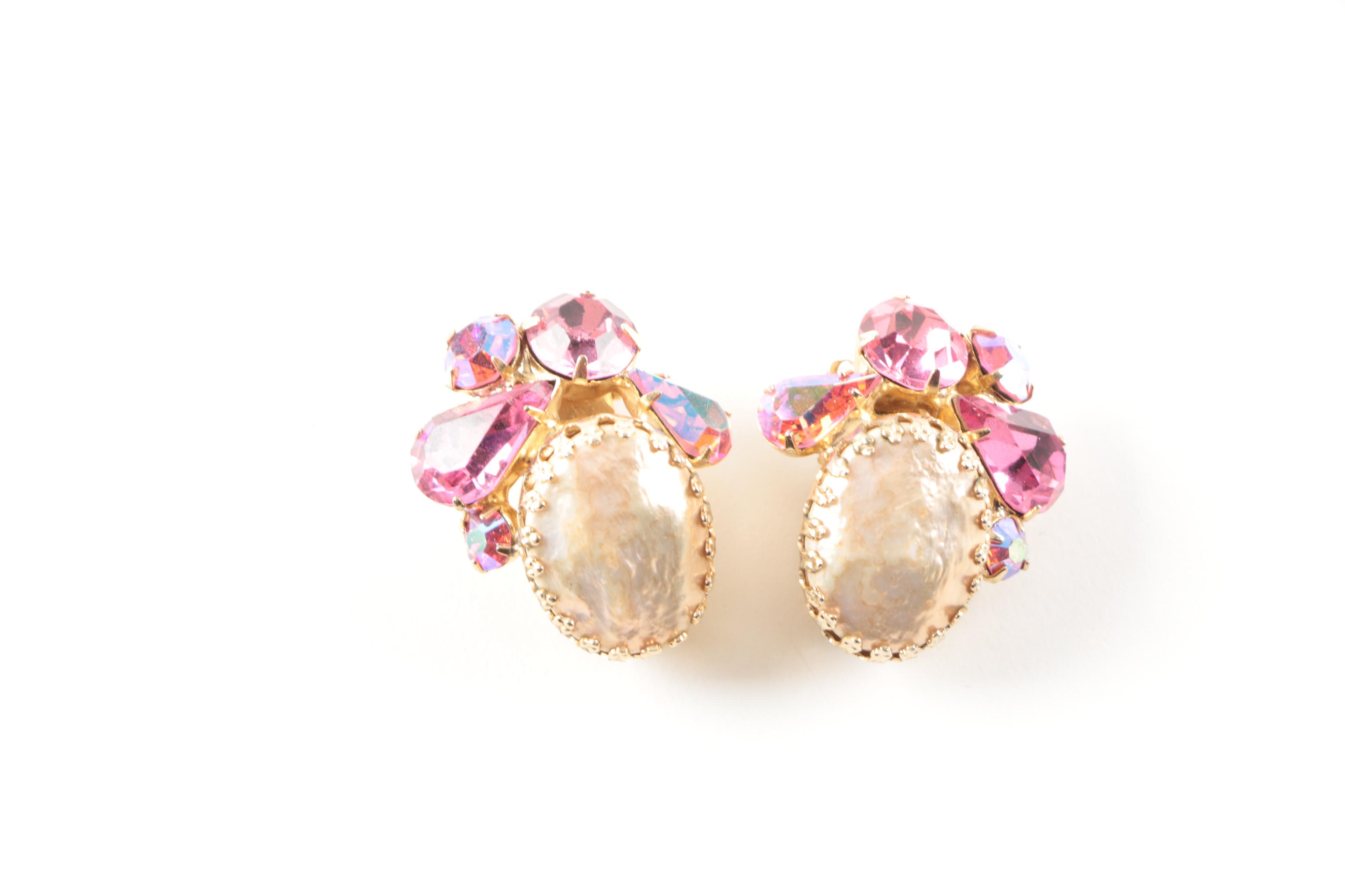 Regency Gold Tone Imitation Pearl and Pink Stone Demi Parure