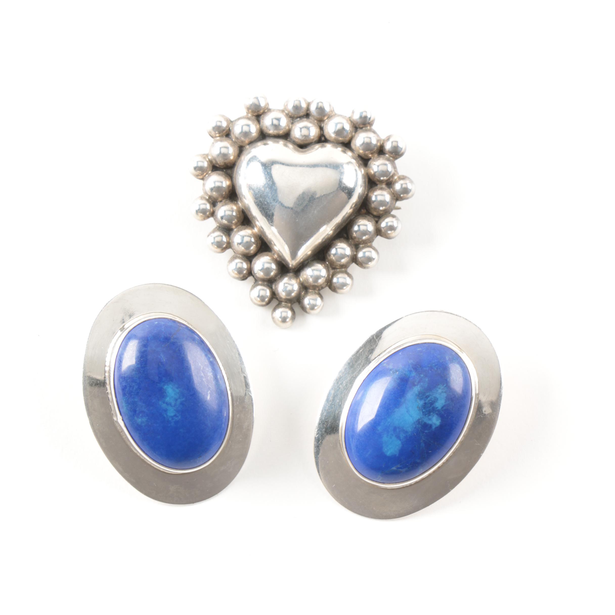 Sterling Silver Heart Converter Brooch and Ben G. Chavez Magnesite Earrings