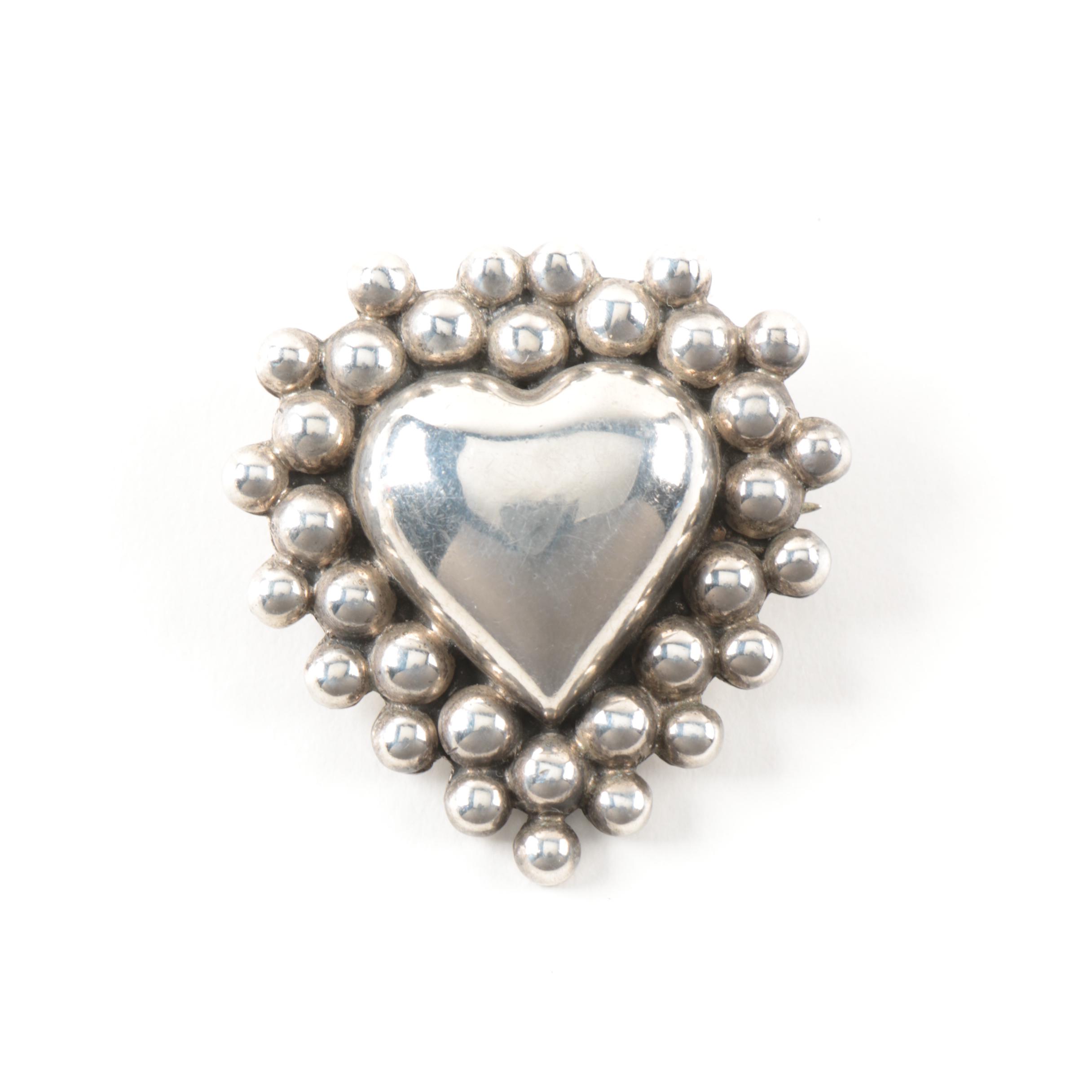 Sterling Silver Heart Converter Brooch and Ben G. Chavez Magnesite Earrings