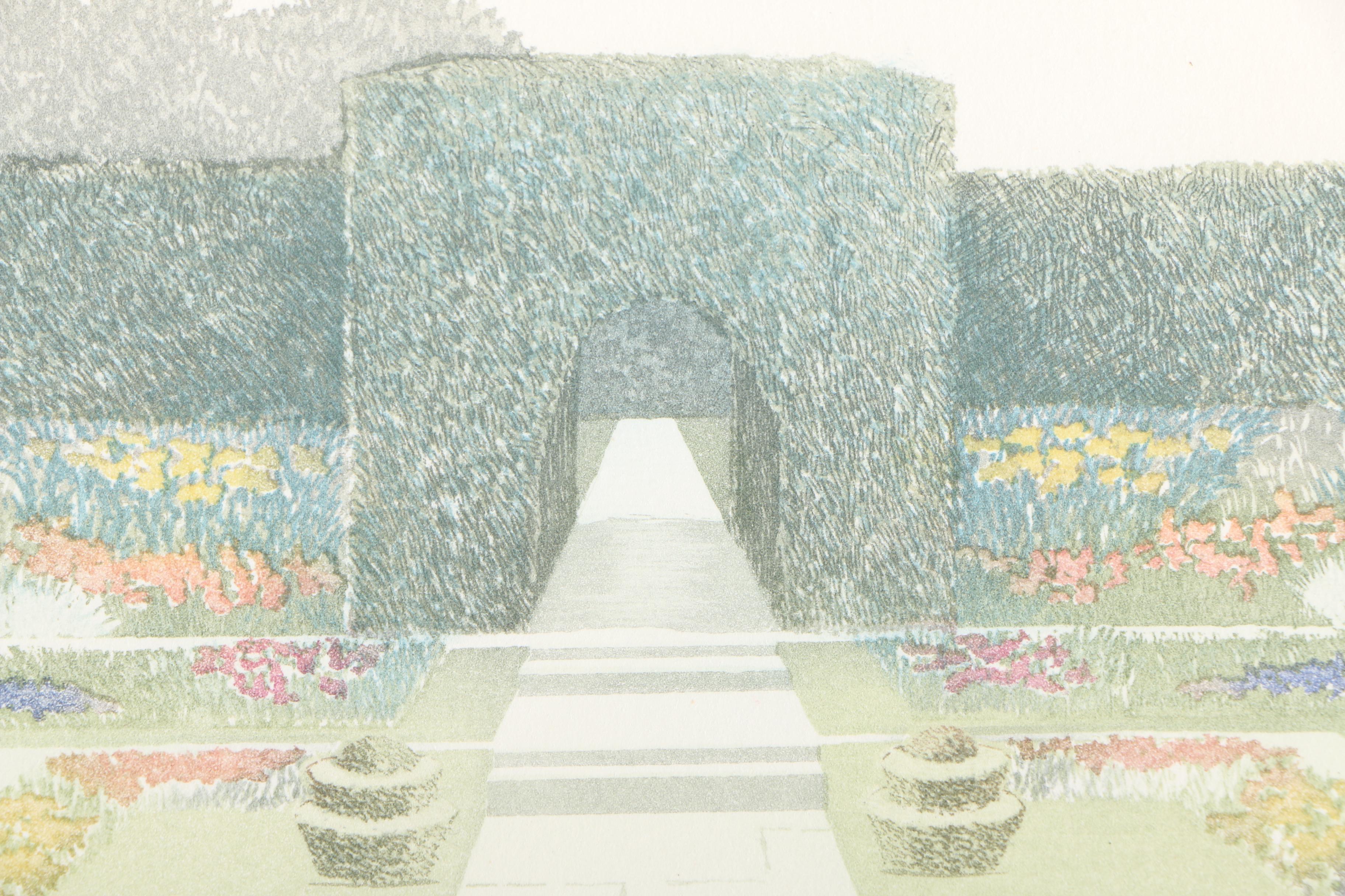 Barbara Munns Etching with Aquatint "Herb Garden" and Lithograph of Landscape