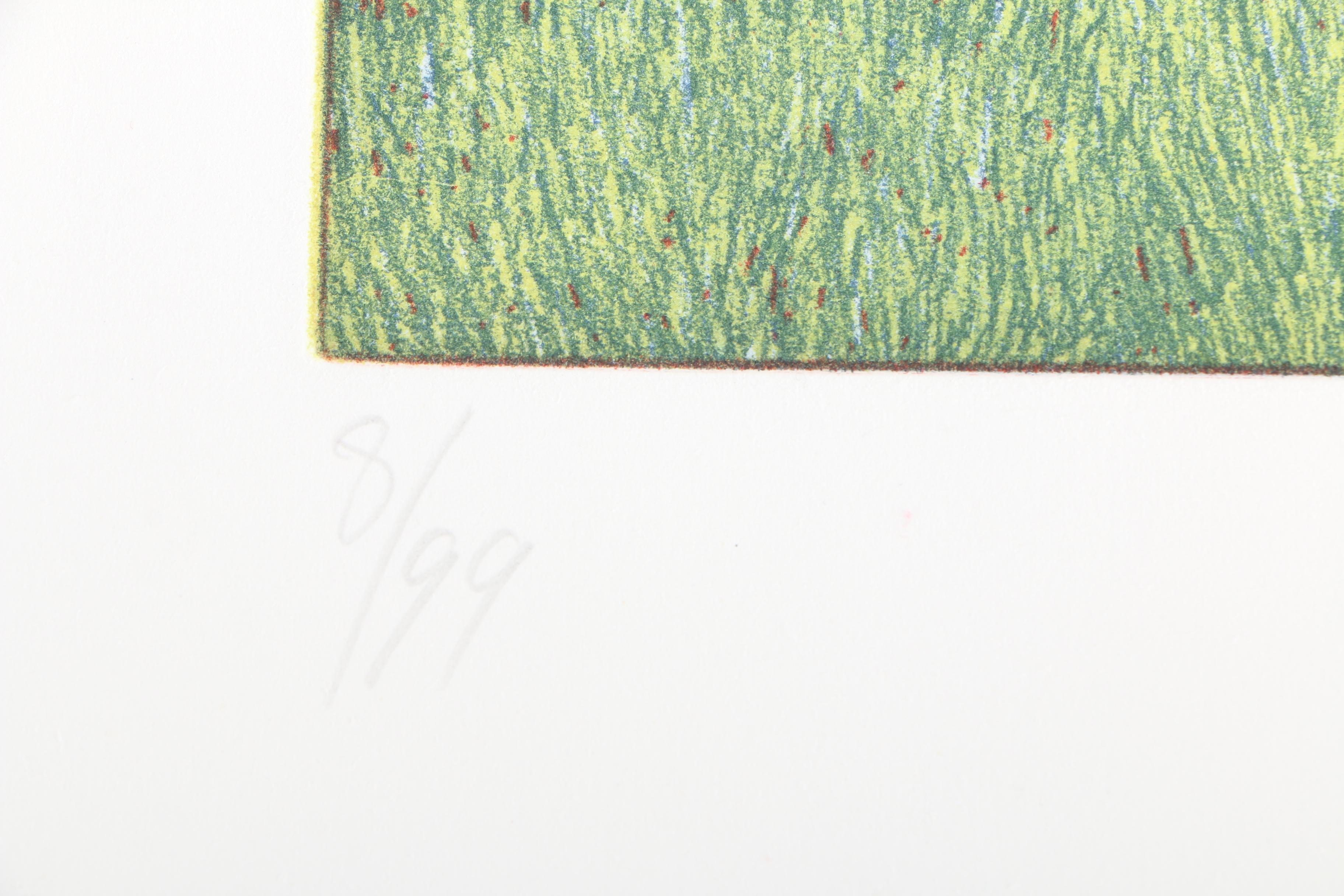 Barbara Munns Etching with Aquatint "Herb Garden" and Lithograph of Landscape