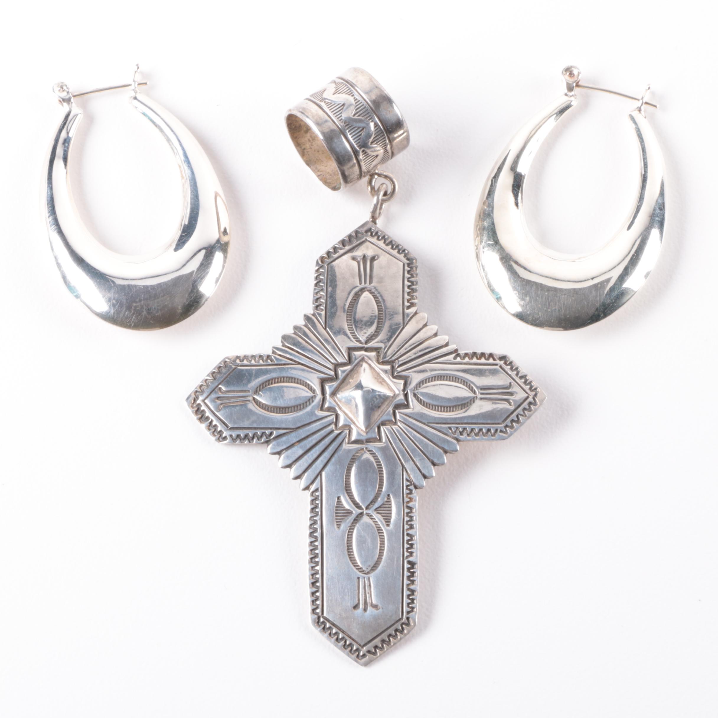 Sterling Silver Hoop Earrings and Southwestern Style Cross Pendant