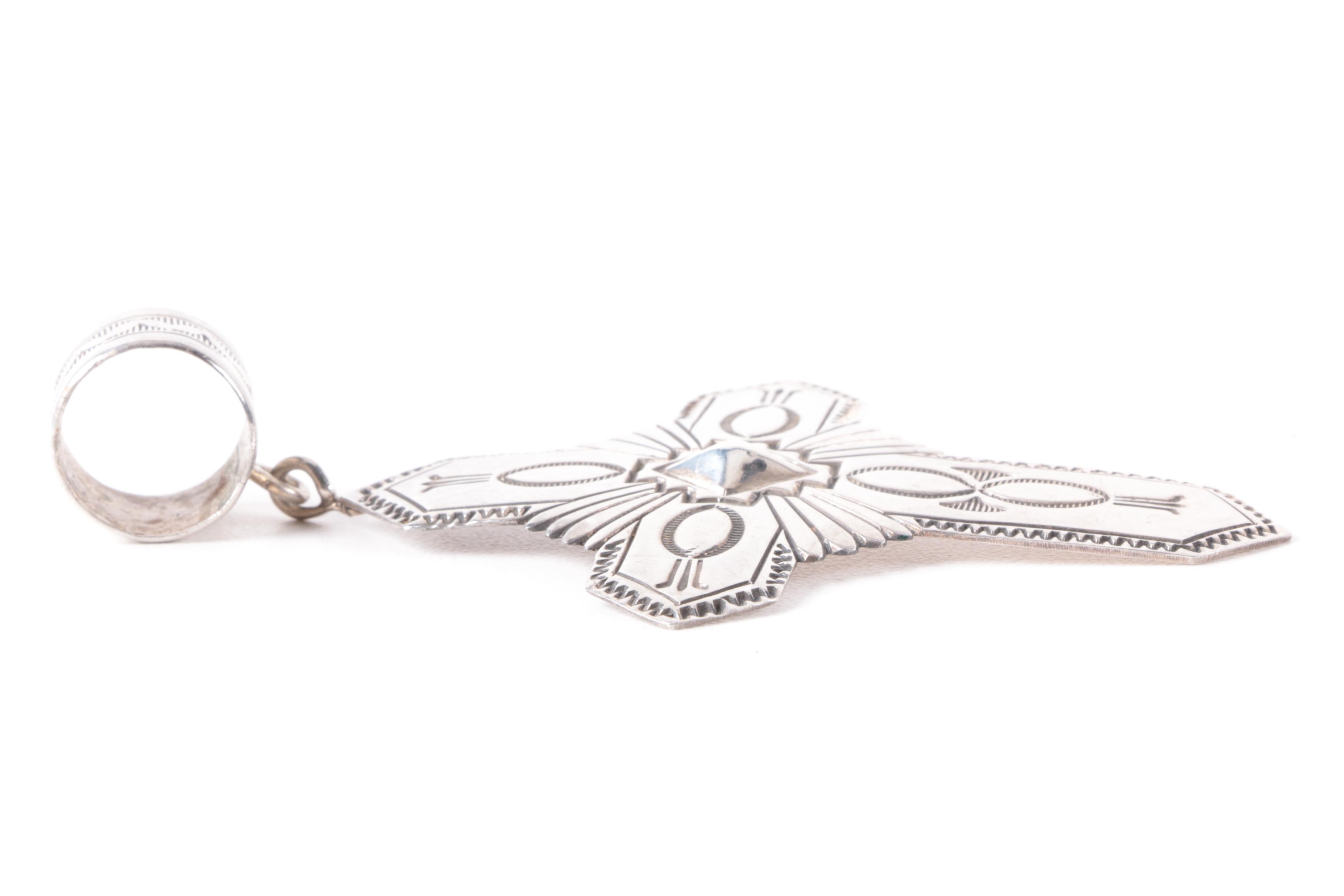 Sterling Silver Hoop Earrings and Southwestern Style Cross Pendant