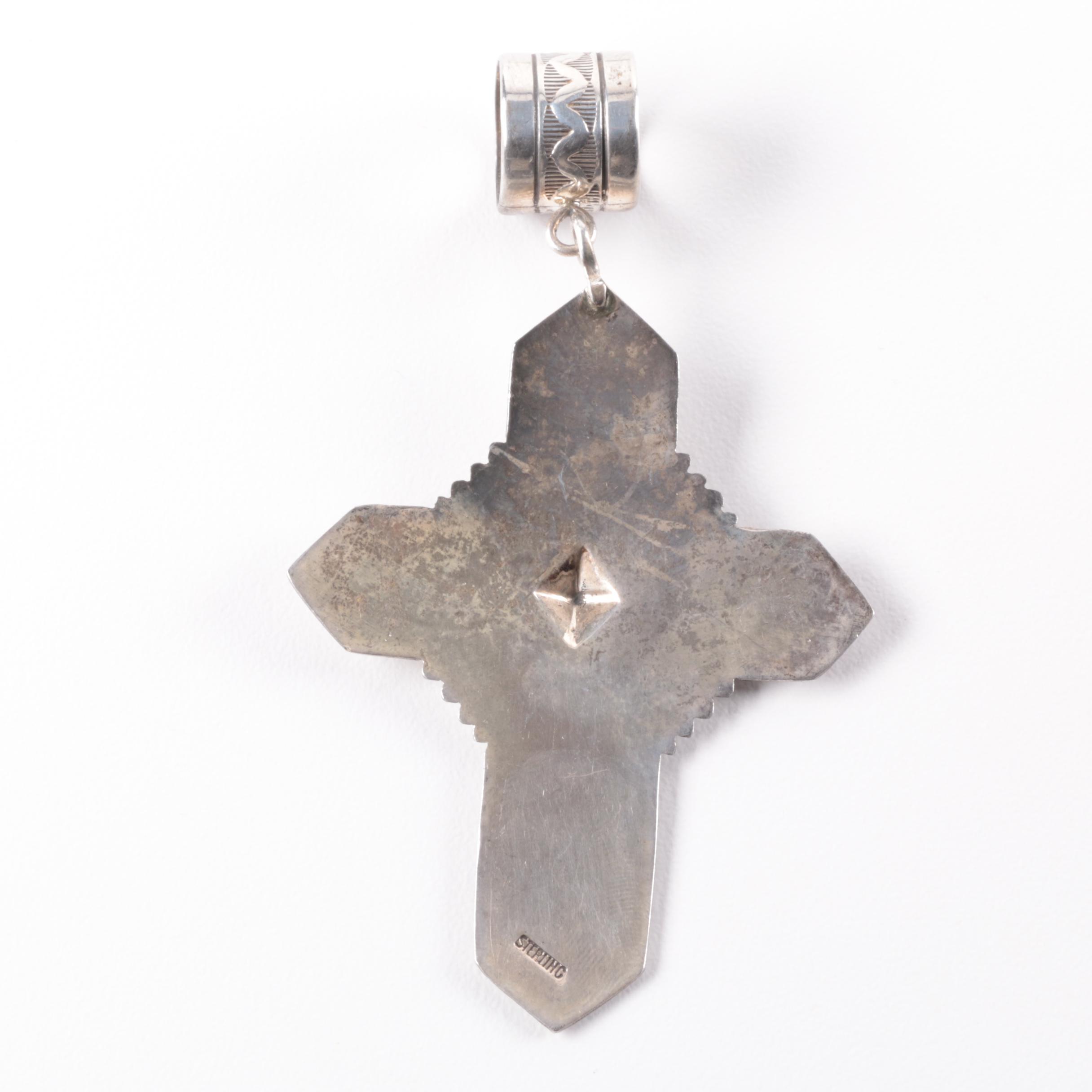 Sterling Silver Hoop Earrings and Southwestern Style Cross Pendant