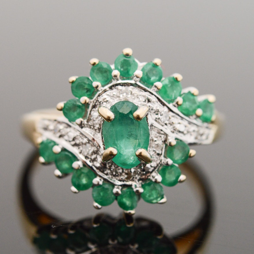 10K Yellow Gold Emerald and Diamond Cocktail Ring