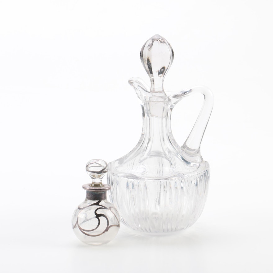 Pressed Crystal Cruet and Silver Overlay Crystal Perfume Bottle