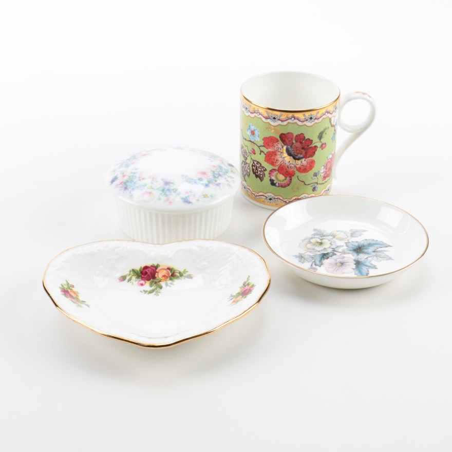 Vintage English Porcelain Plates and Trinket Box Featuring Wedgwood