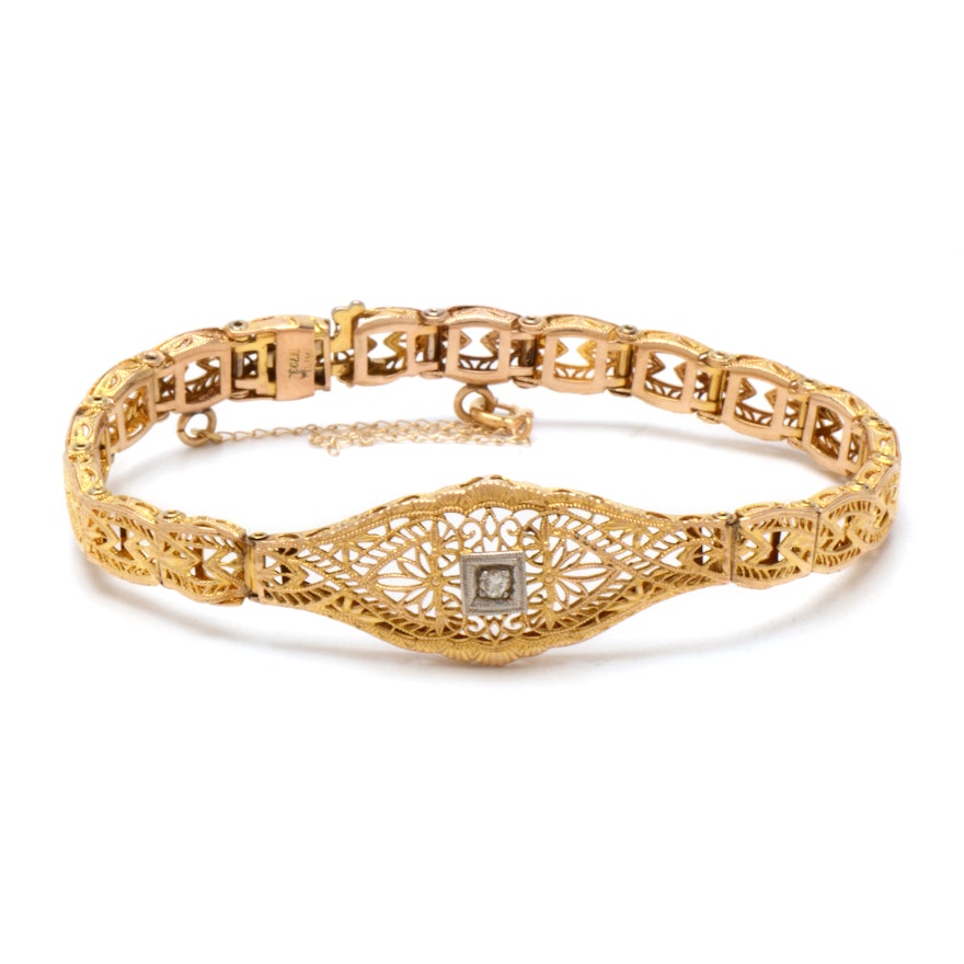 Art Deco 14K Yellow Gold Diamond Openwork Linked Bracelet