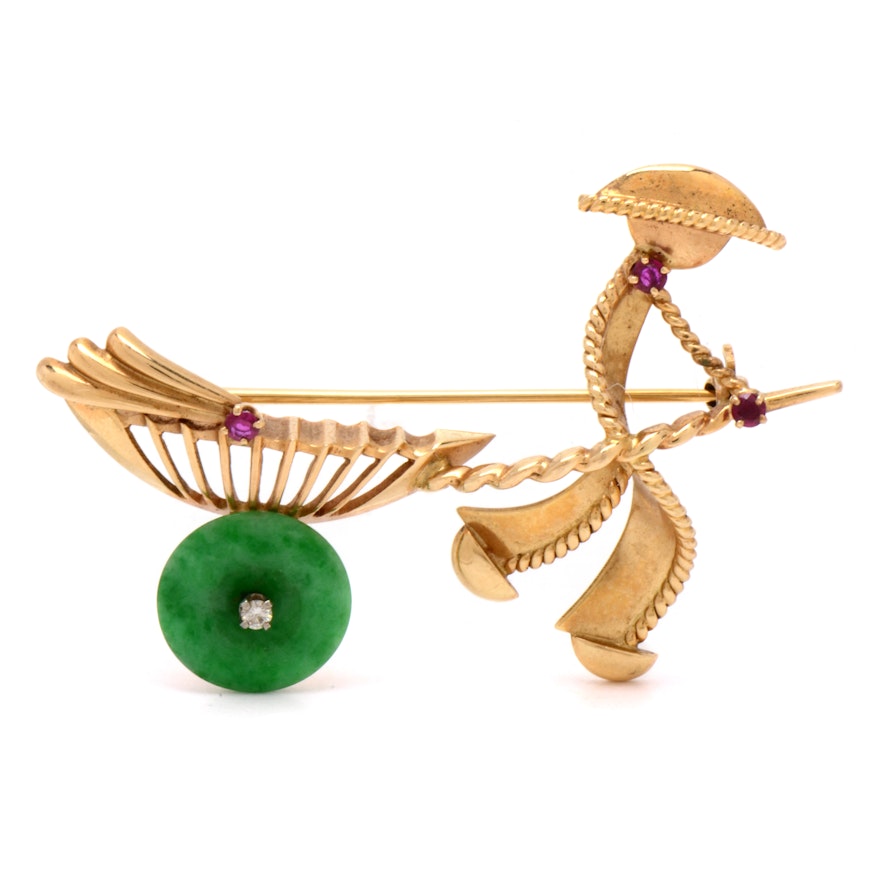 14K Yellow Gold Figural Brooch with Stone Embellishments