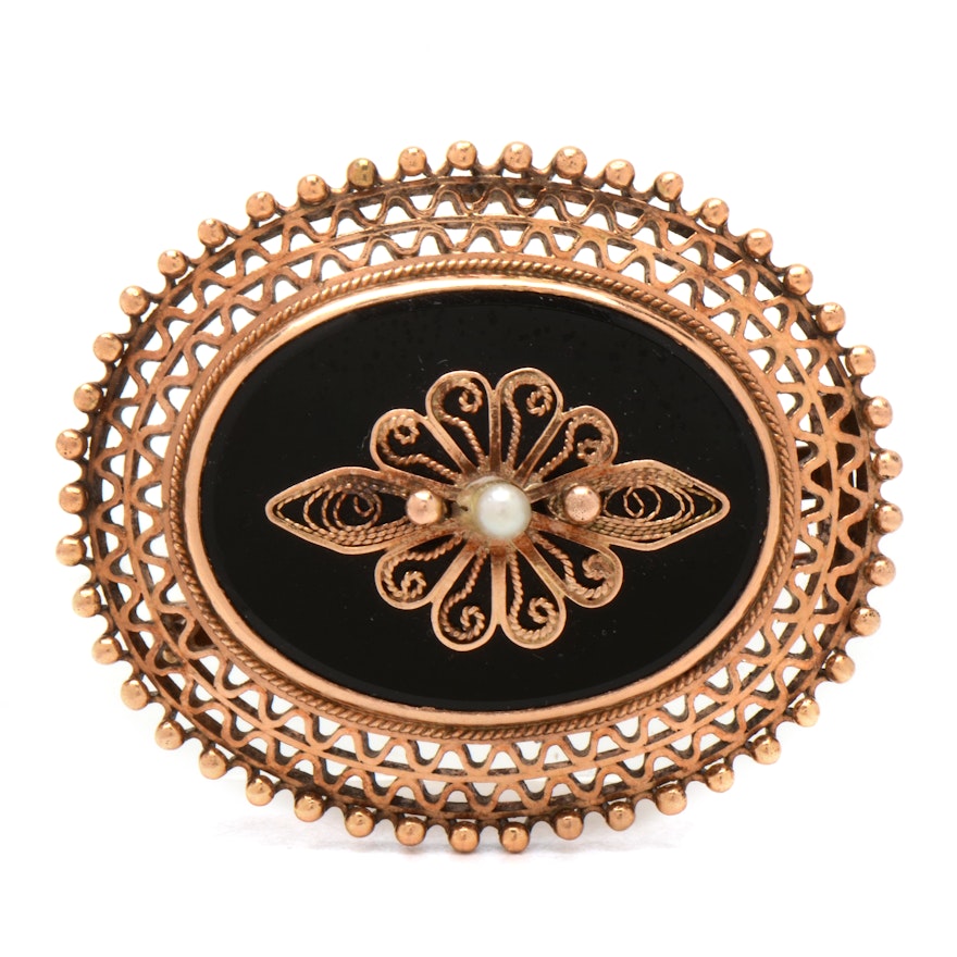 Victorian Revival 14K Imitation Onyx and Pearl Converter Brooch