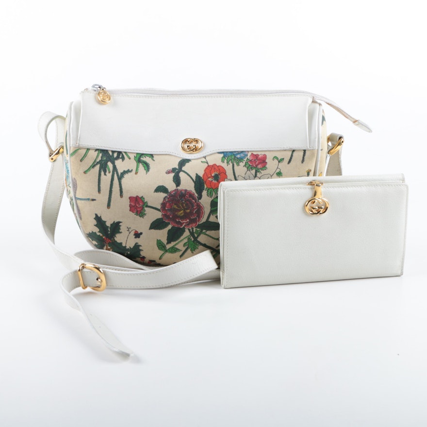 Gucci Floral Canvas and White Leather Shoulder Bag