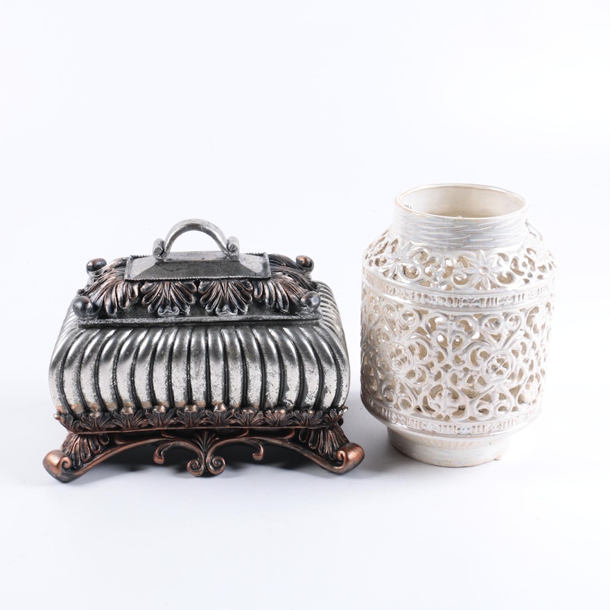 Filigree Ceramic Candle Holder and Ornate Resin Box
