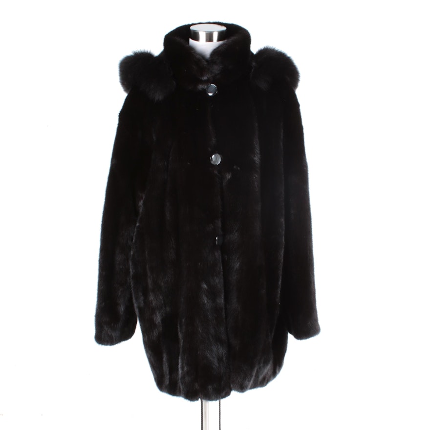 Women's Mink Fur Coat with Black Fox Fur Trim