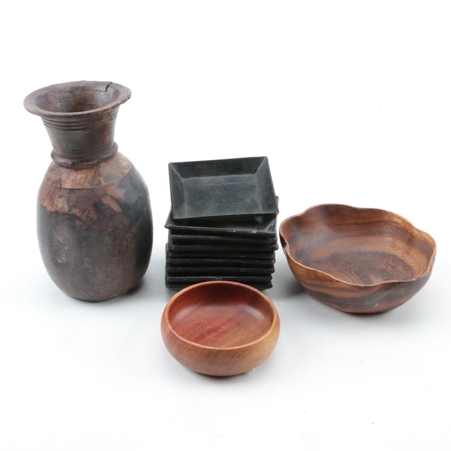 Vintage Carved Wood Bowls, Vase, and Lacquered Trays