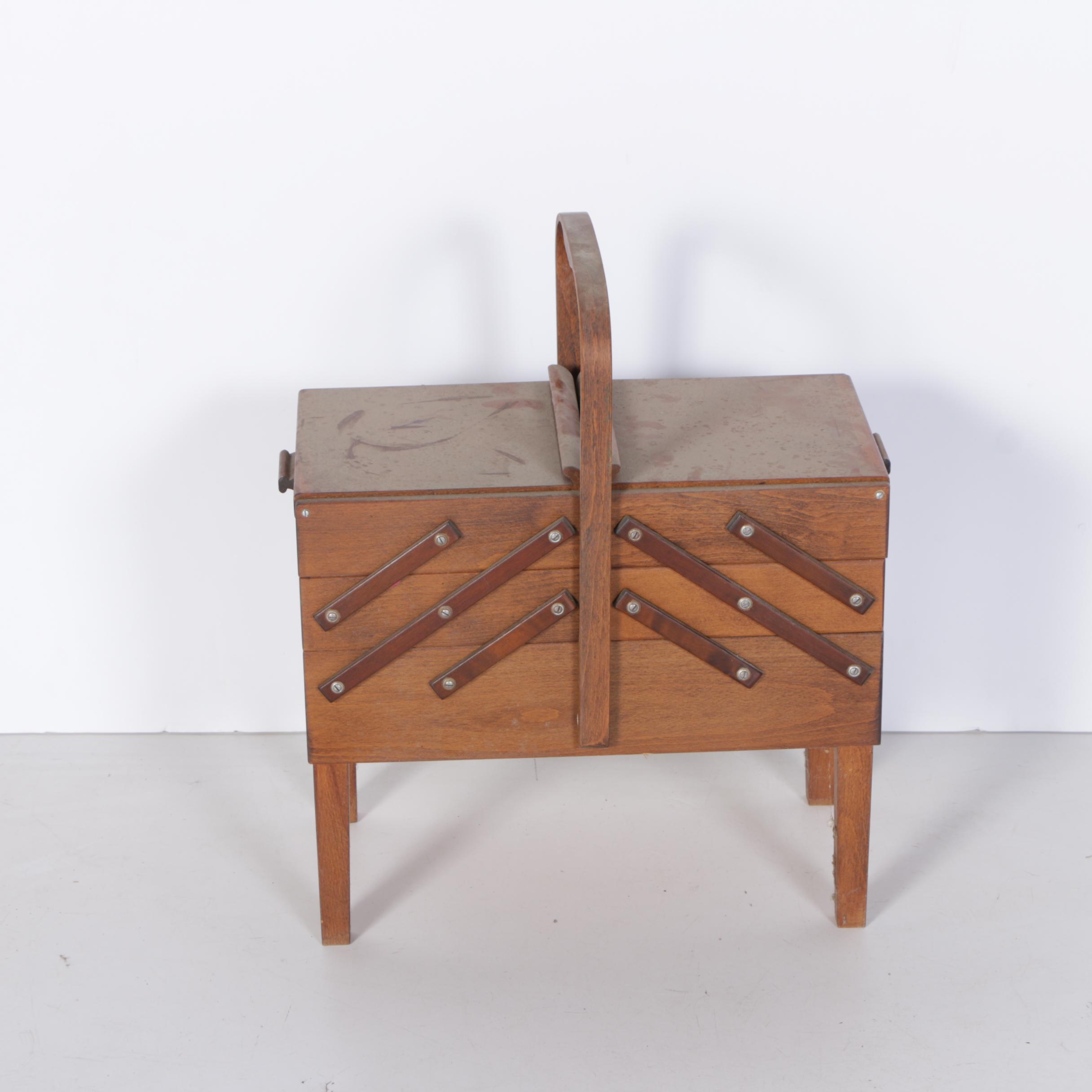 Norwegian Sewing Basket on Stand and Contents