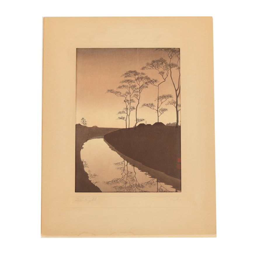 Koho Shoda Shin-Hanga Sepia Woodblock Print "Canal Under the Moonlight"