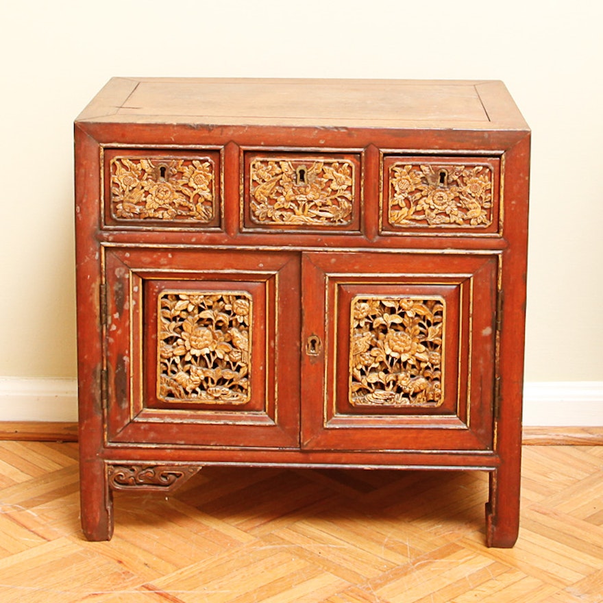 Vintage Carved Gilt-Wood Asian Cabinet