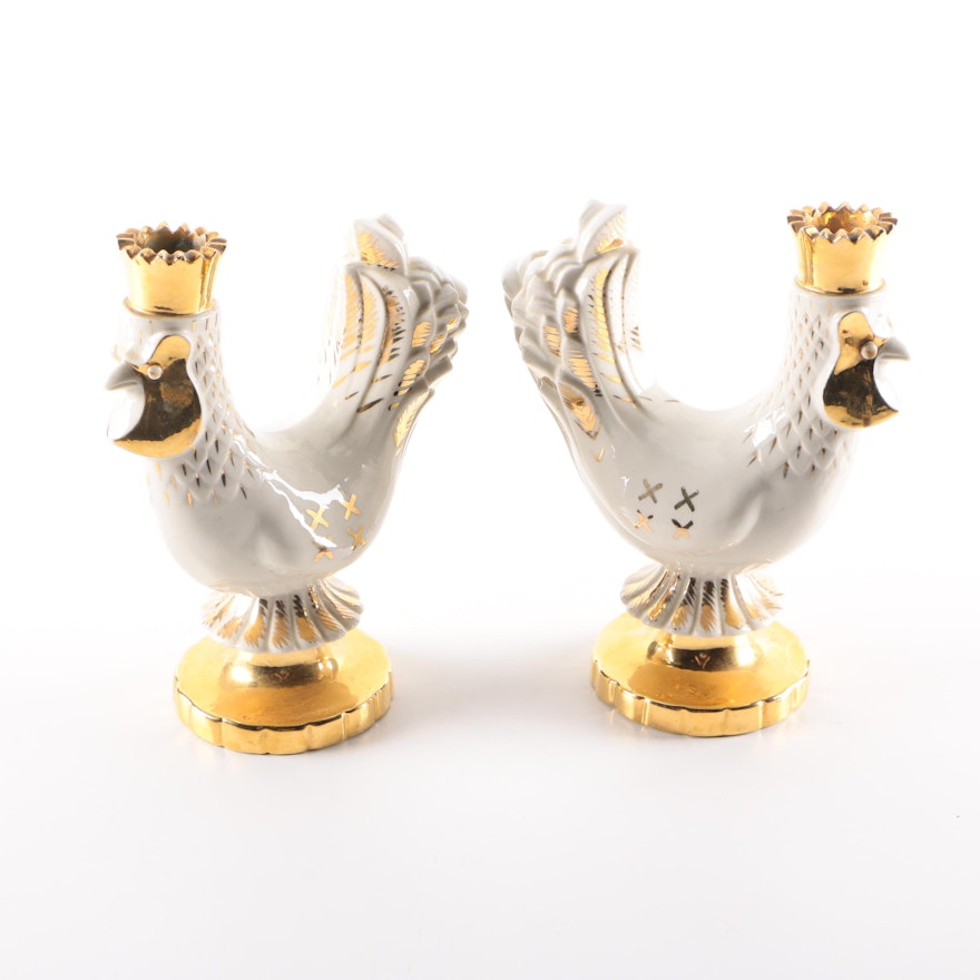 Pair of Ceramic Rooster Candlestick Holders