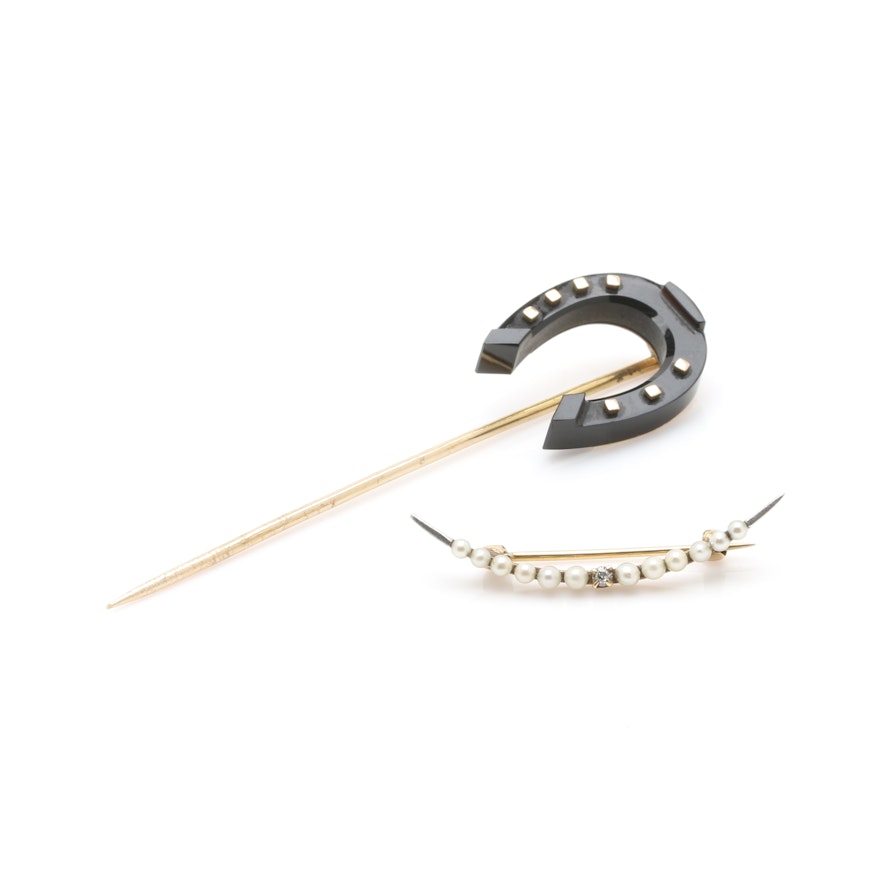 14K Yellow Gold Diamond and Pearl Brooch with Black Onyx Stickpin