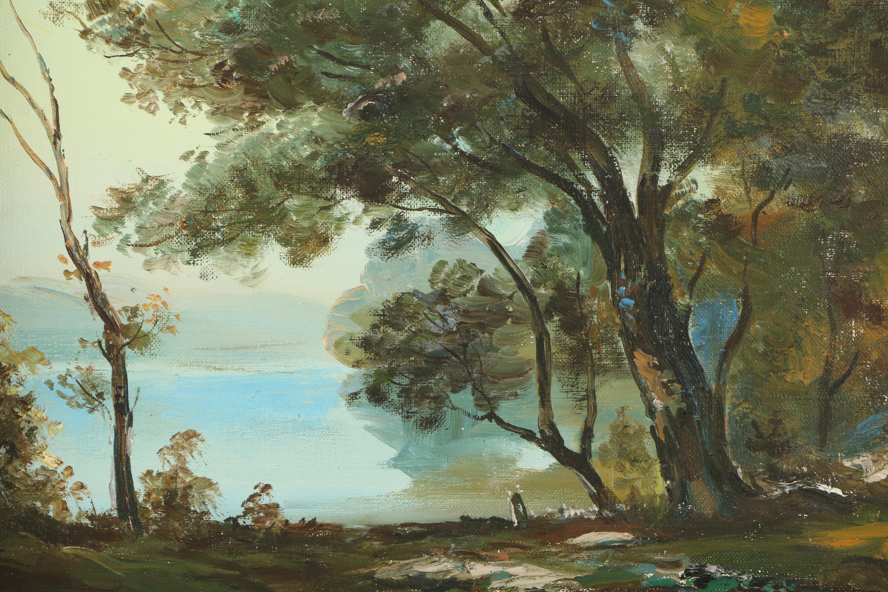 S. Tachi Oil Painting of a Waterfront Landscape