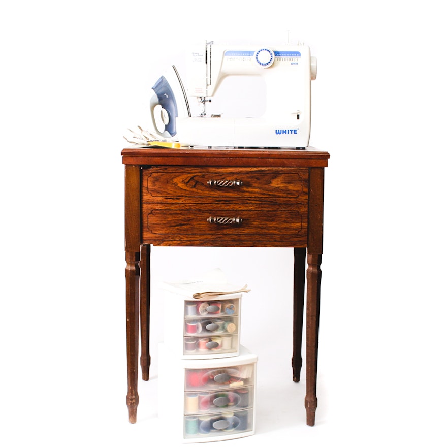 Sewing Machine by White with Vintage Sewing Cabinet and Supplies