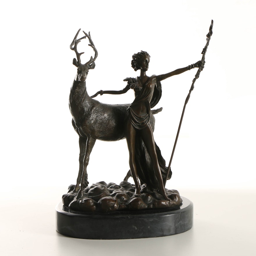 Brass Sculpture After Ernest Rancoulet of Diana and Stag