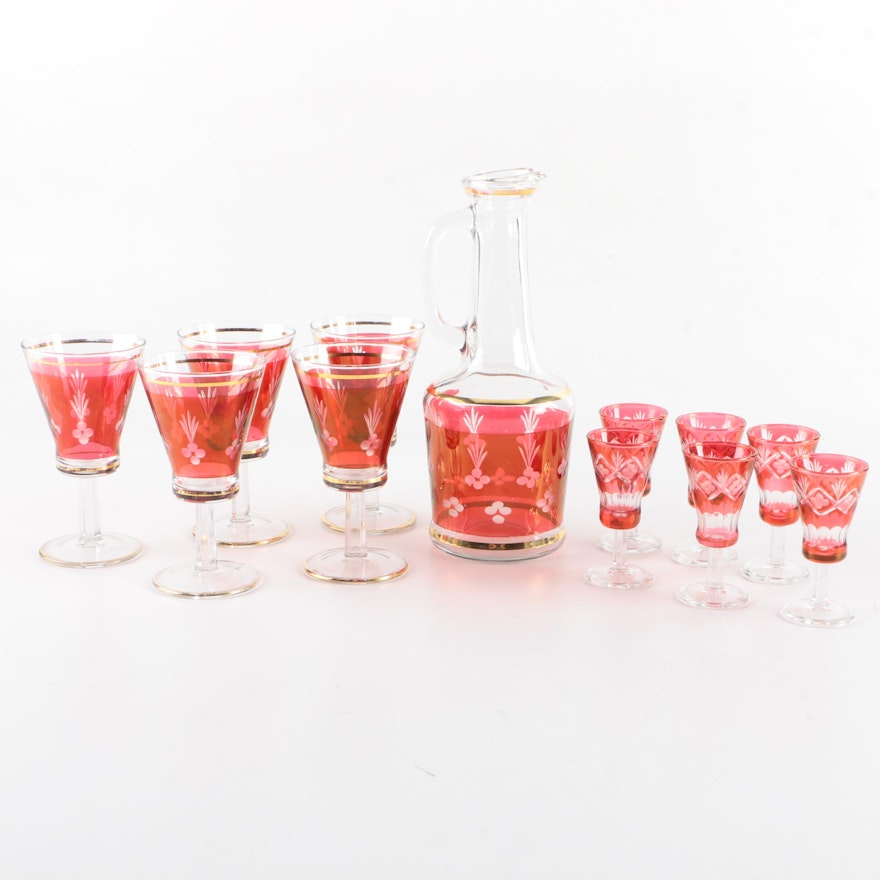 Flashed Cranberry Decanter and Glasses