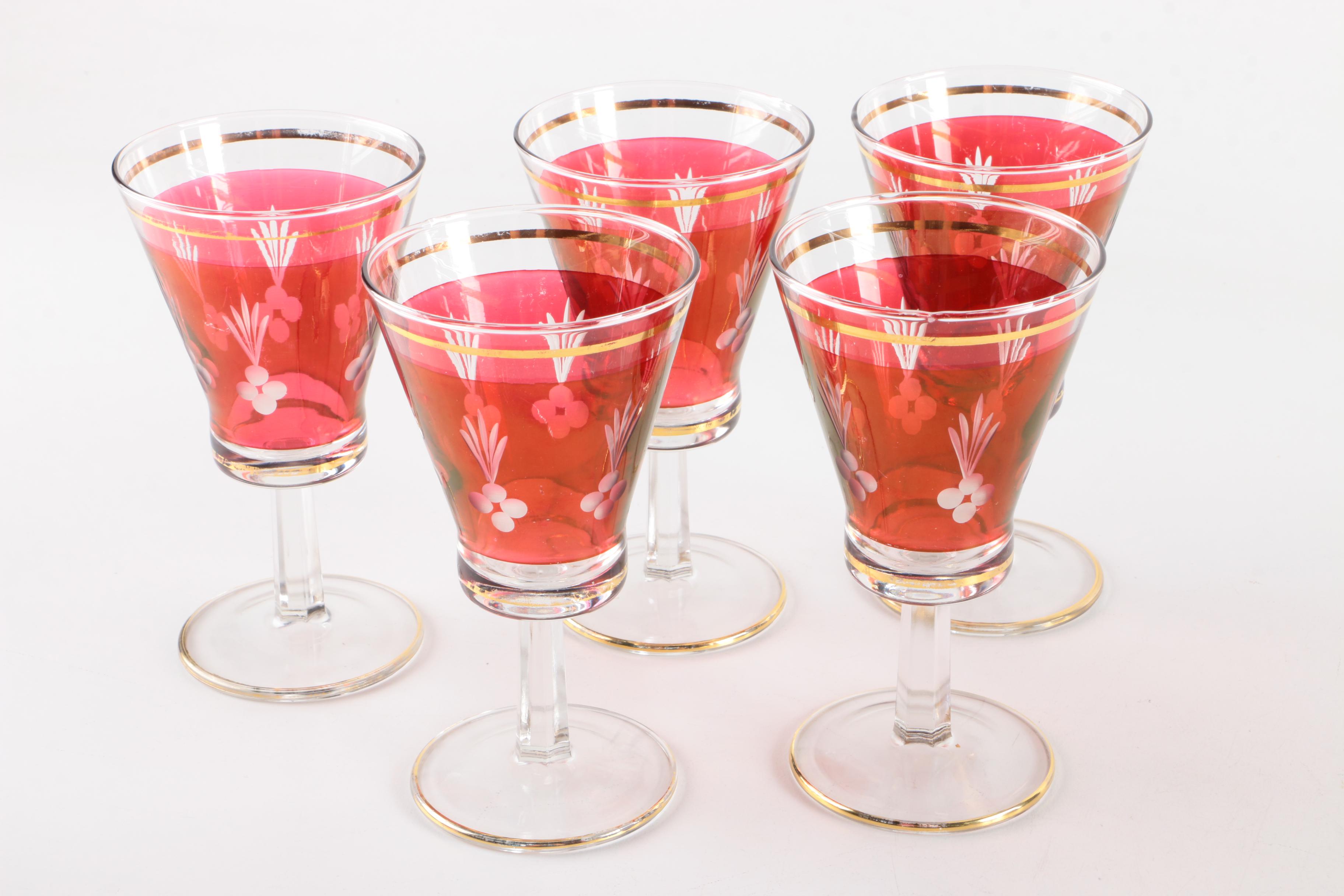 Flashed Cranberry Decanter and Glasses