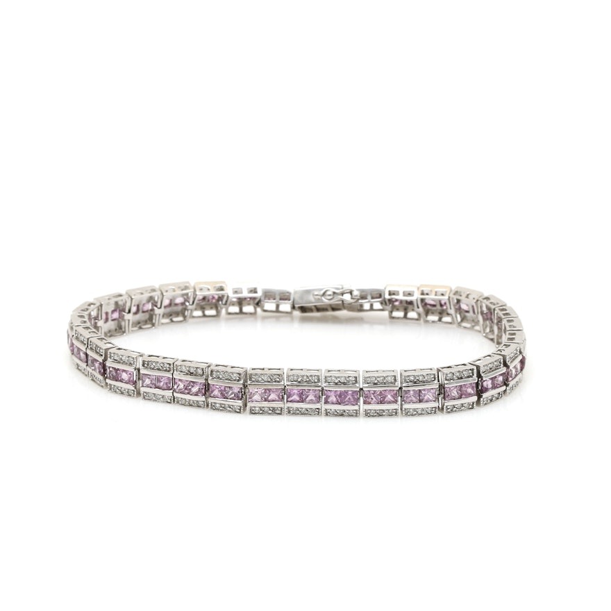 14K White Gold Pink Sapphire and Diamond Tennis Bracelet