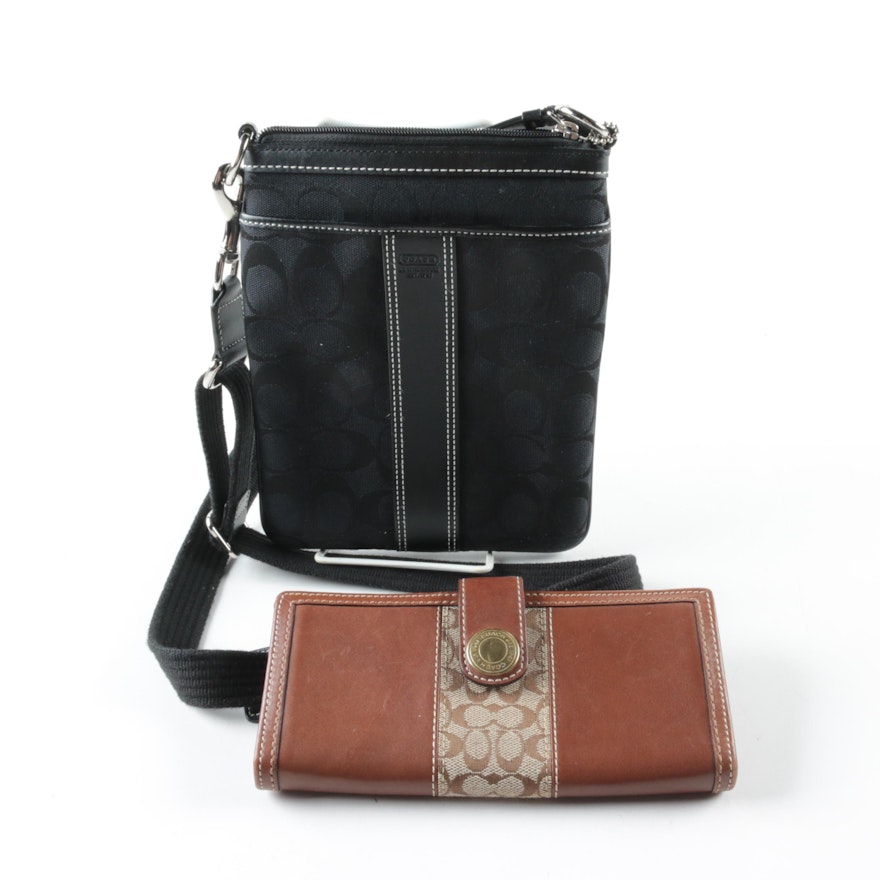 Coach Signature C Black Canvas and Leather Swing Pack and Brown Leather Wallet