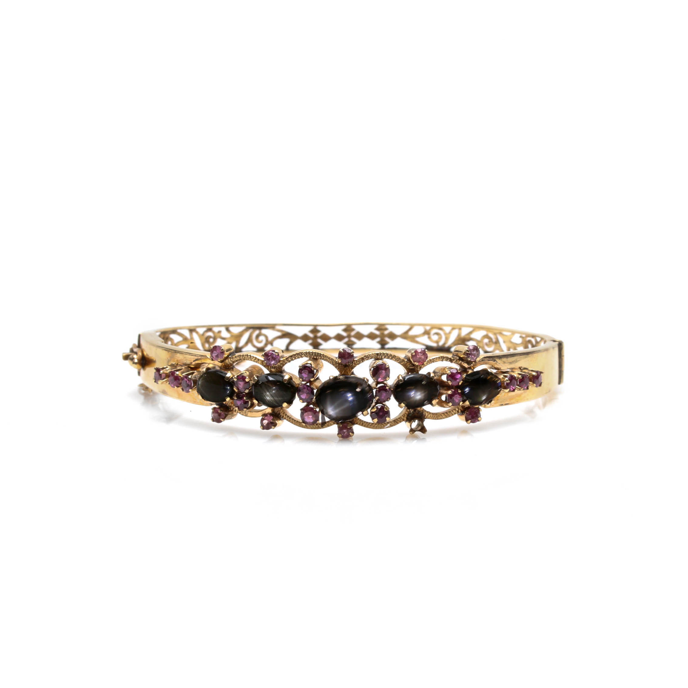 14K Yellow Gold Black Star Sapphire and Ruby Bangle Bracelet