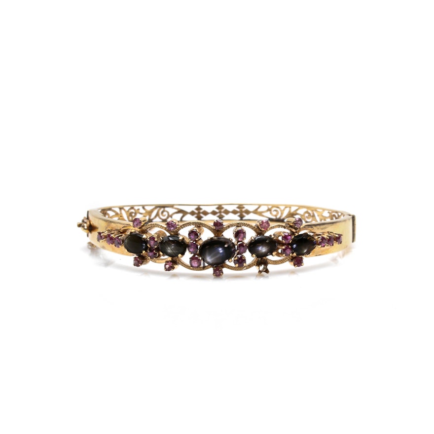 14K Yellow Gold Black Star Sapphire and Ruby Bangle Bracelet