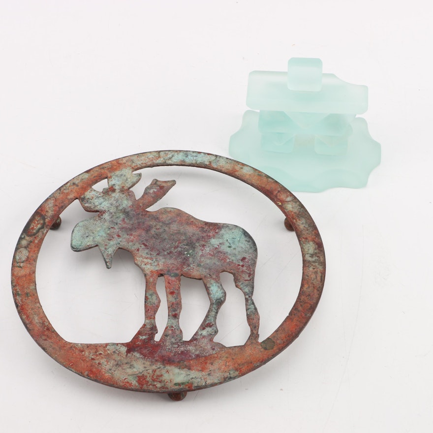 Metal Moose Trivet and Glass Paperweight