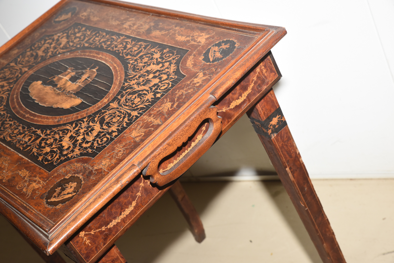 Antique Marquetry Backgammon Game Table