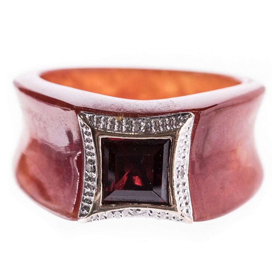 14K Yellow Gold Garnet, Diamond and Carved Jadeite Ring