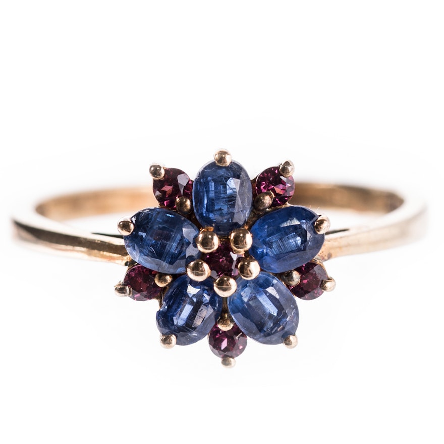 Sterling Silver Sapphire and Garnet Flower Ring with Gold Wash