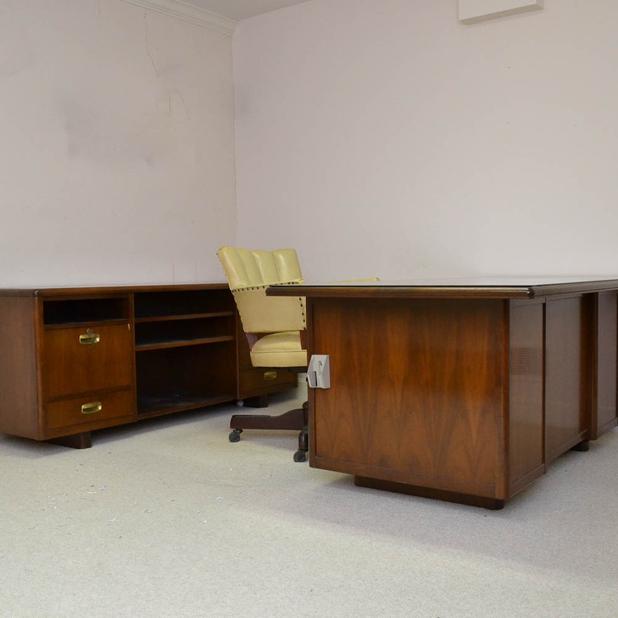 Mid Century Modern Desk by Leopold with Credenza and Chair