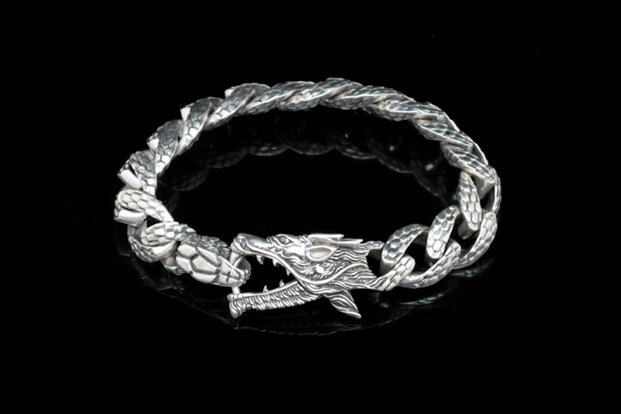 Robert Manse Sterling Silver and Black Diamond Dragon Bracelet